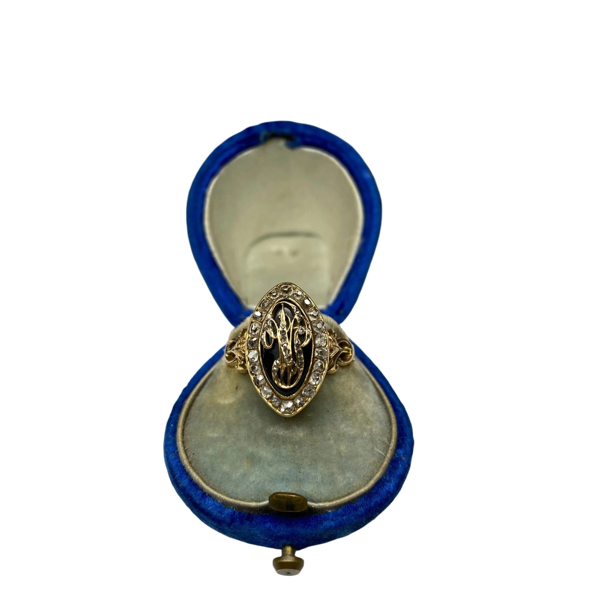 Bague marquise en 18 carats émail bleu et diamants vers 1850