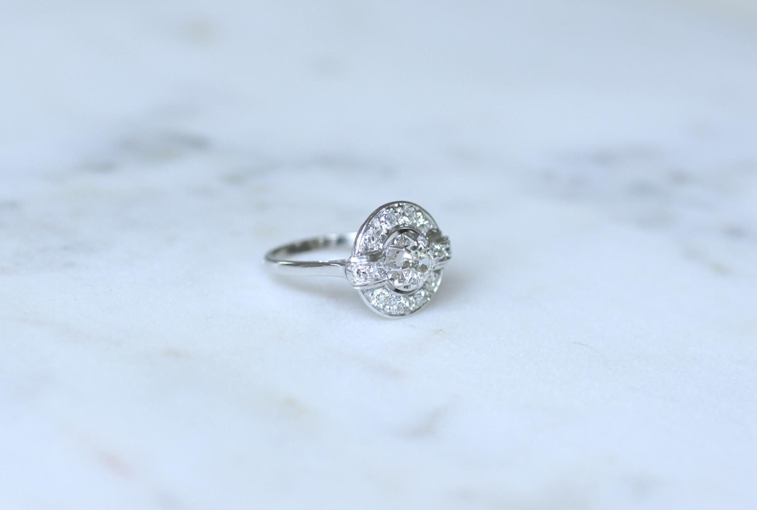 Bague Cible Art Déco Diamants 1,05 Cts sur Or blanc et Platine