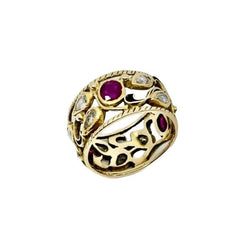 Bandeau ring in yellow gold, diamond and ruby