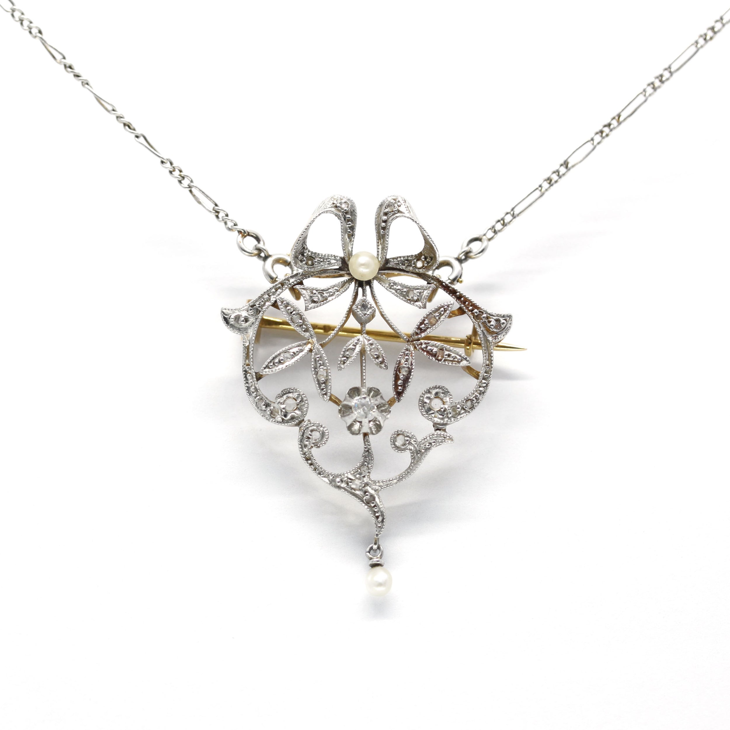 Collier Broche - Or, platine, diamants et perles