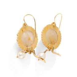 Boucles d'oreilles Pendantes en or jaune, quartz et perles