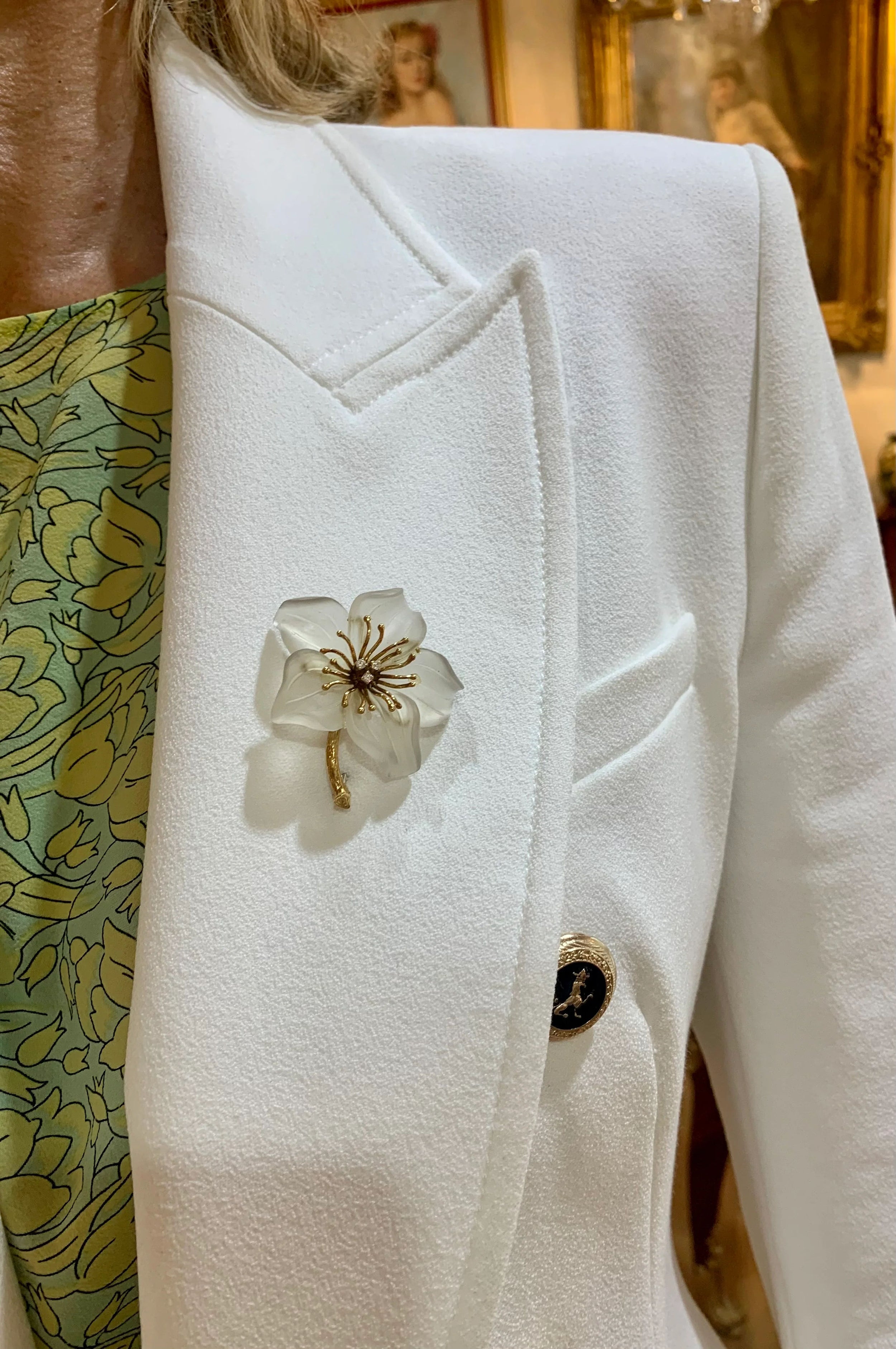 Vintage Lily Brooch Rock Crystal Diamonds 18k Yellow Gold