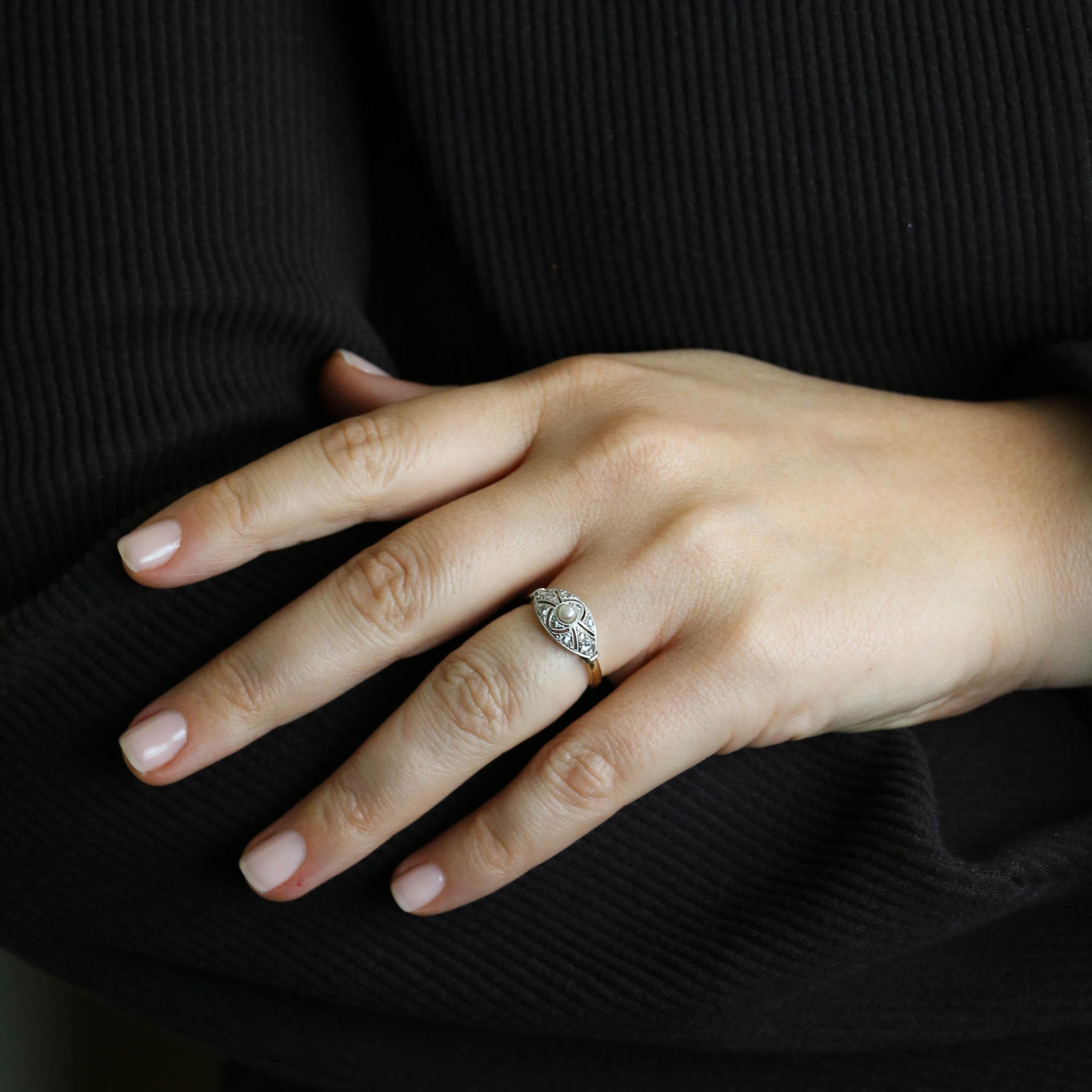 Bague Pavée en or jaune, platine, perle et diamants