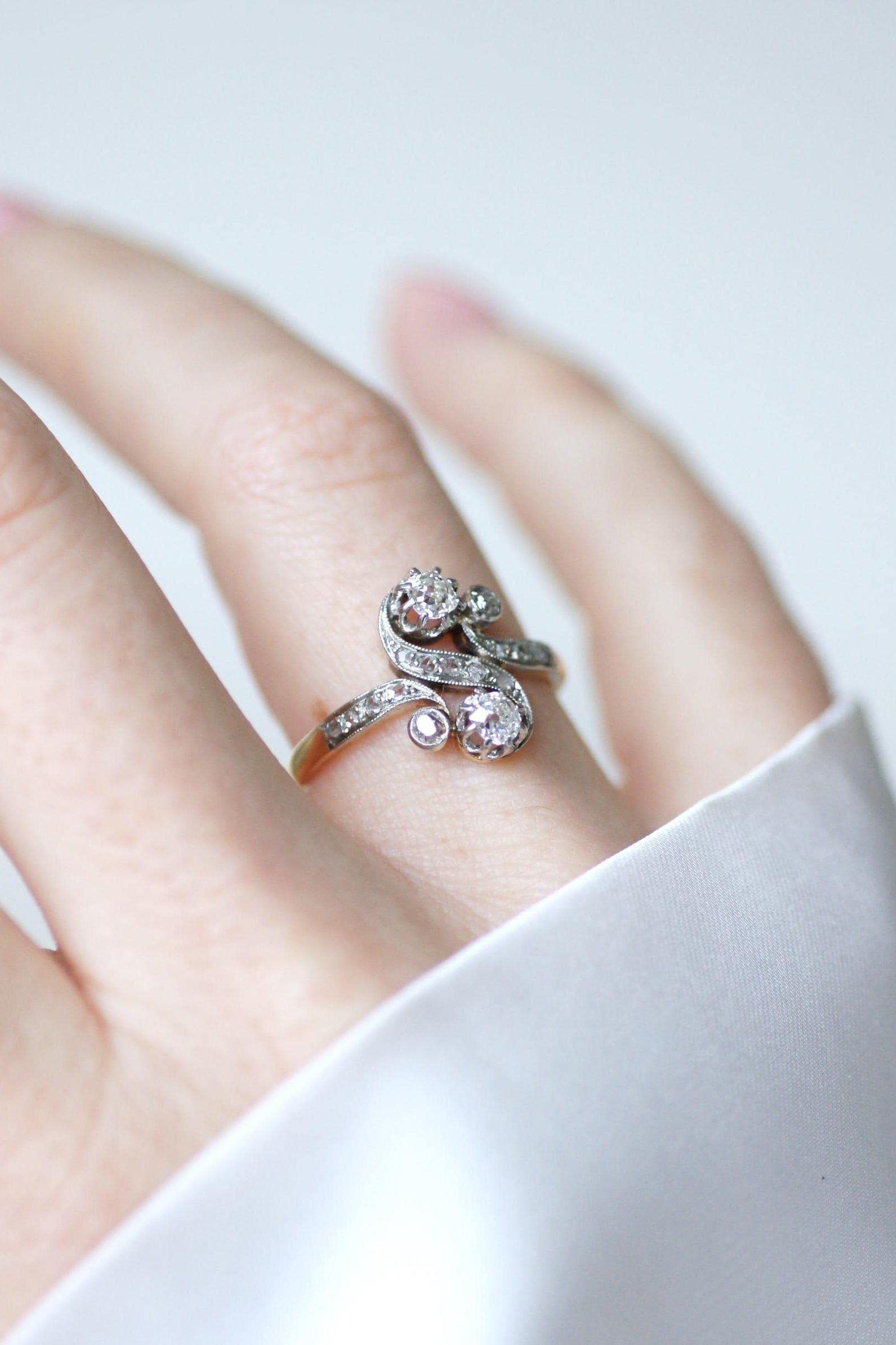 Bague Toi et Moi en or jaune et platine avec diamants