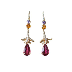 Boucles d'oreilles LORENZ BÄUMER Fleurs en or jaune et rubellite, saphir, héliodore, diamant