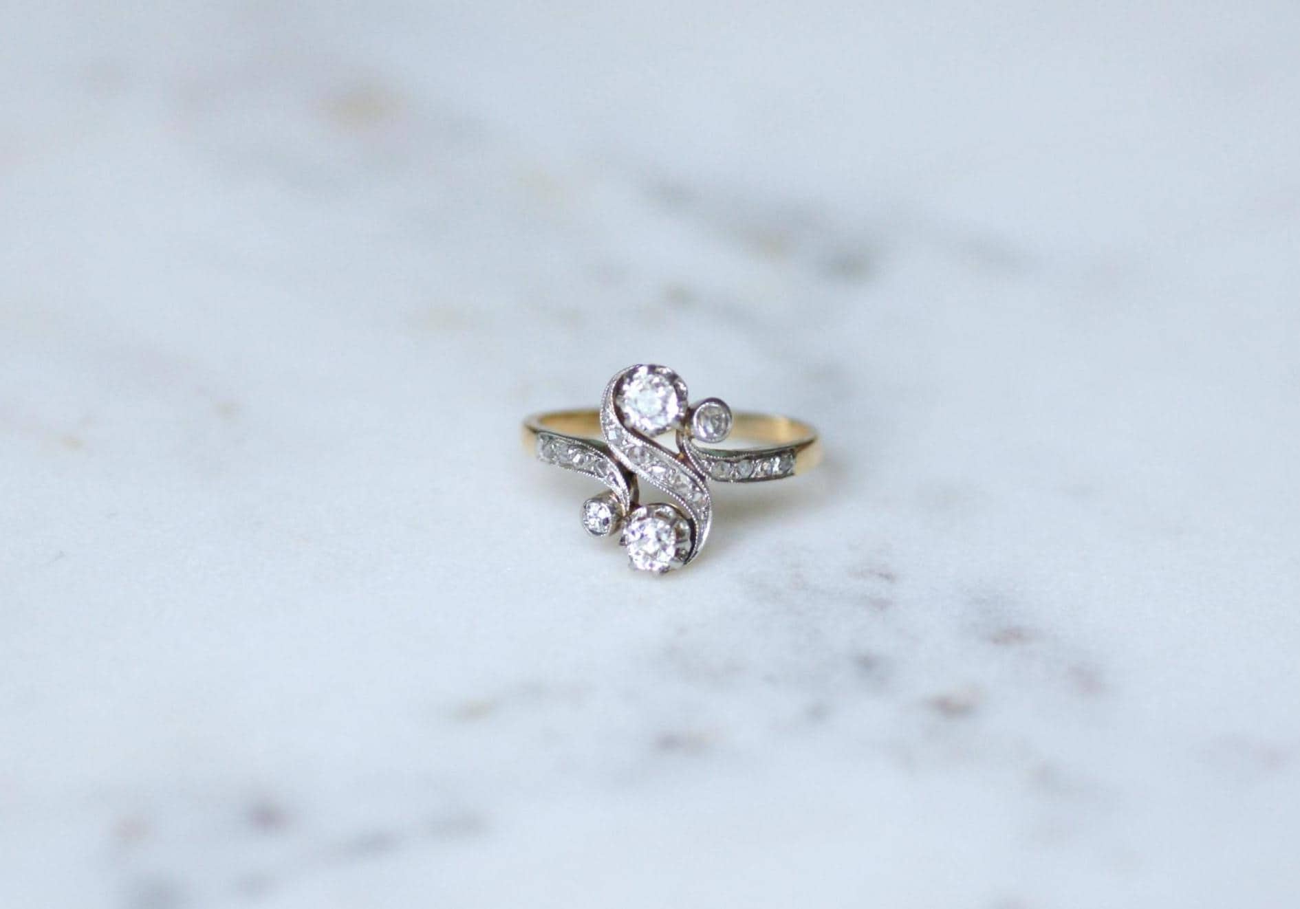 Bague Toi et Moi en or jaune et platine avec diamants