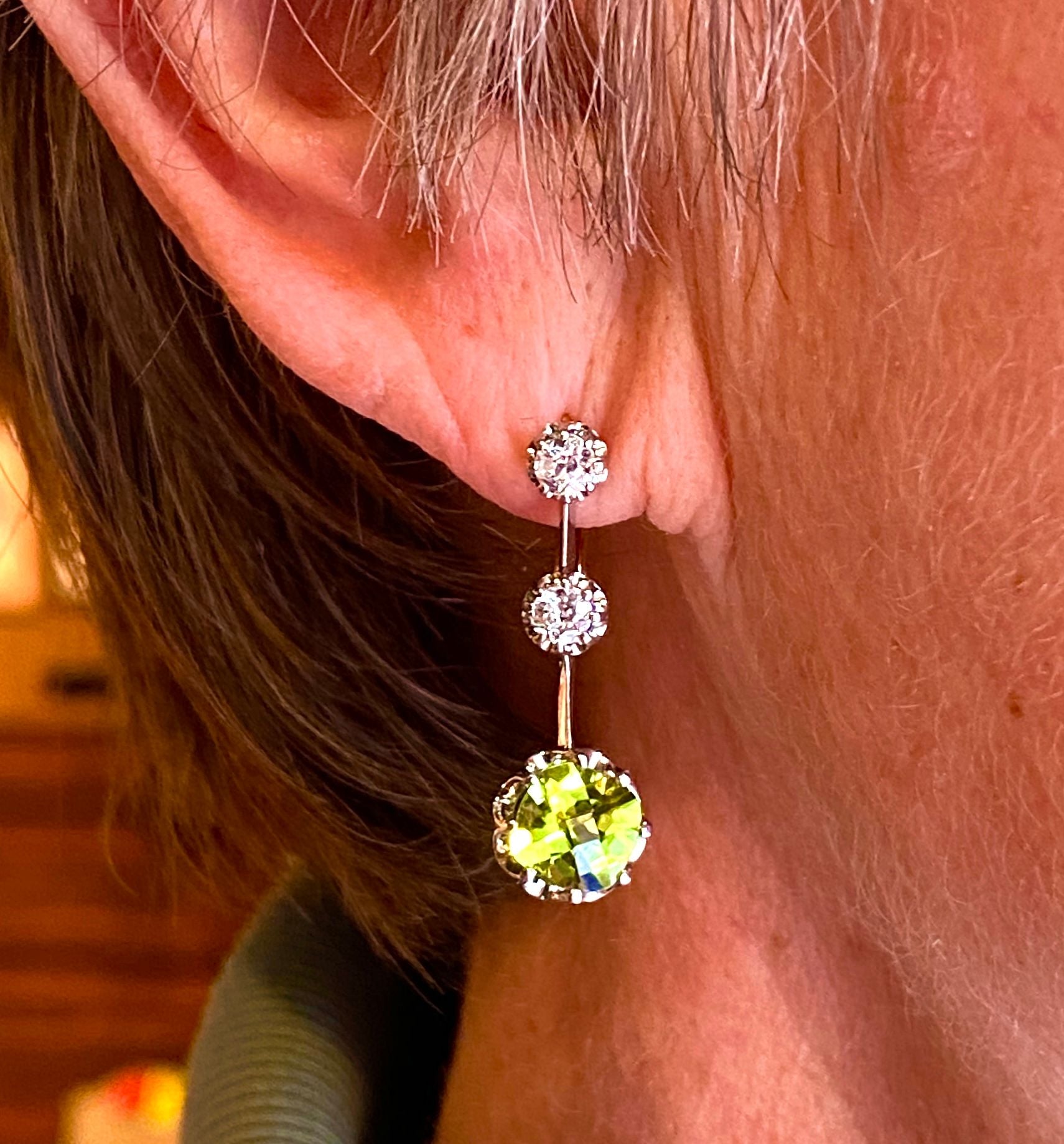 Gold earrings, paltinium, peridots and diamonds