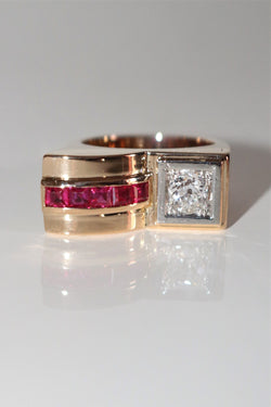 Bague Tank Diamant Et Pierres Rouges