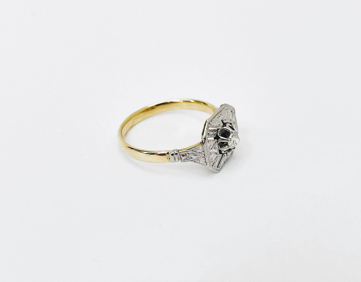 Bague solitaire diamant Art Déco en or jaune et blanc