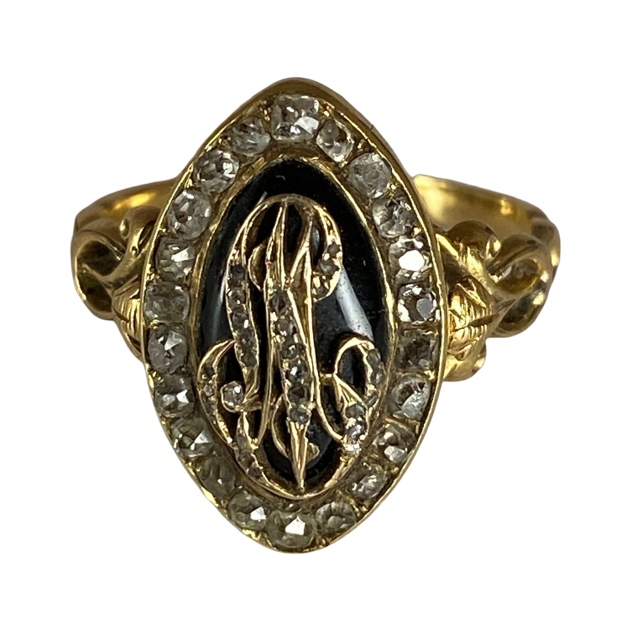 Bague marquise en 18 carats émail bleu et diamants vers 1850