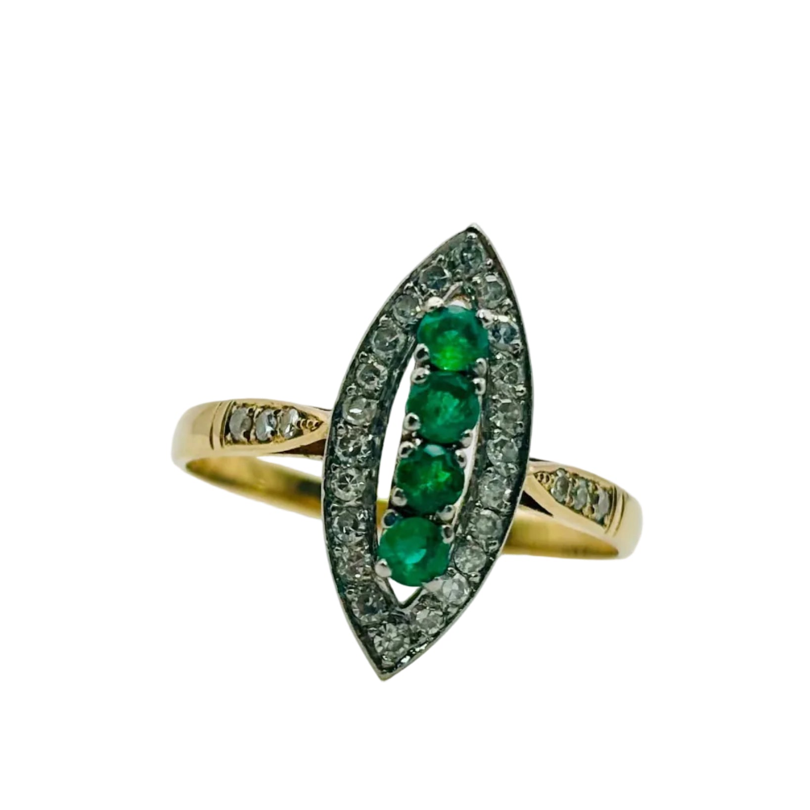 Bague en or jaune et diamants et émeraudes