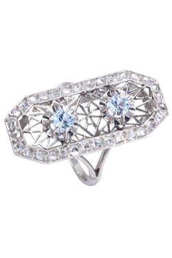 Bague art-déco aigue-marines et diamants en platine