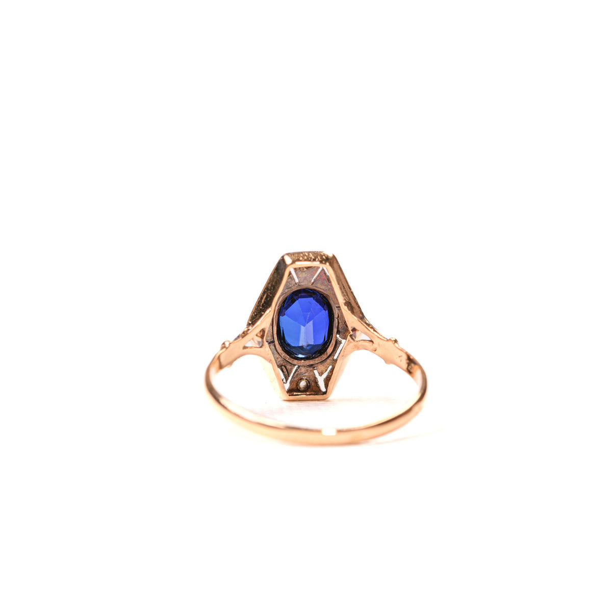 Bague ancienne hexagonale saphir diamants en or deux tons