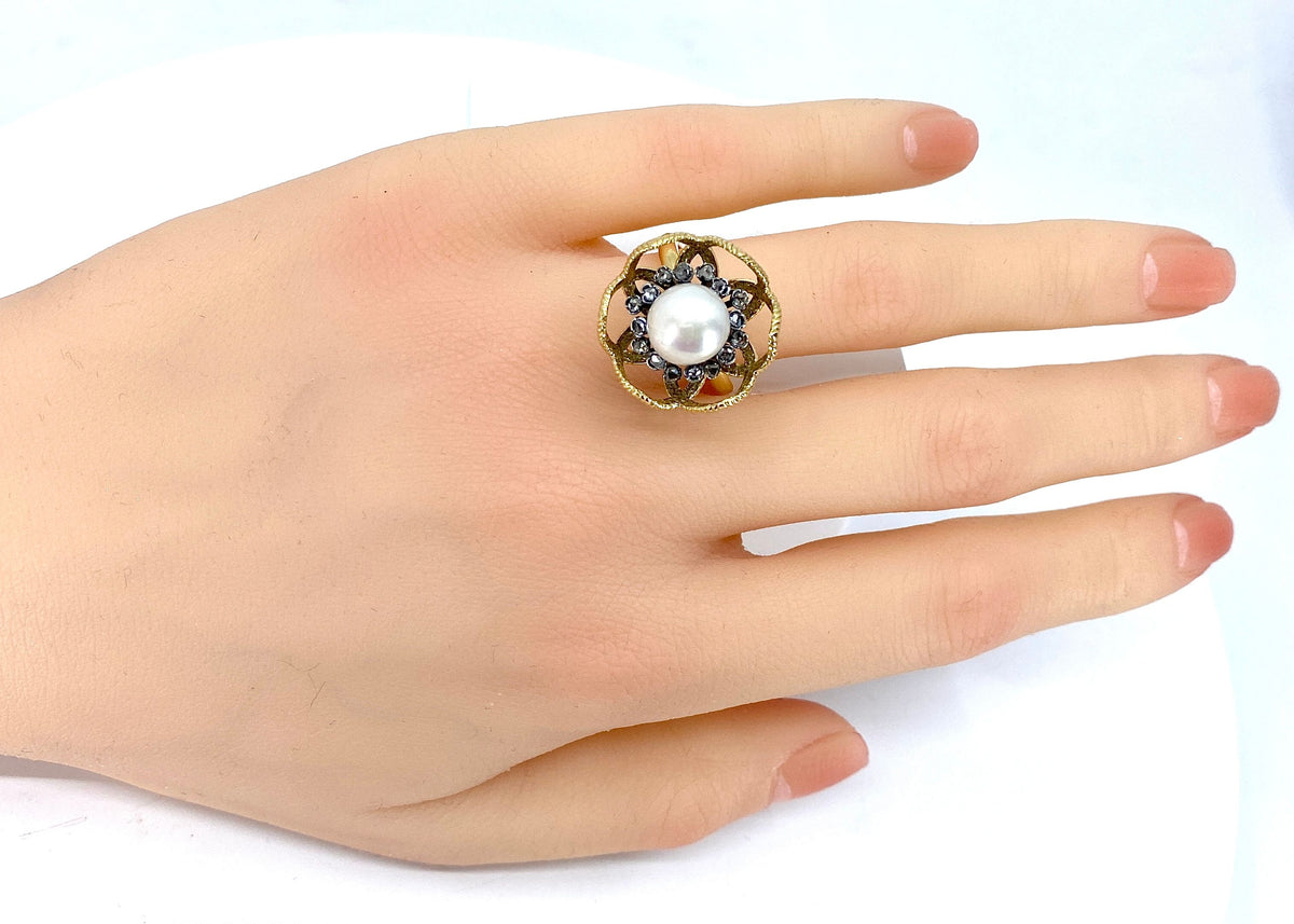 Bague Cocktail en or jaune 18 carats et argent,perle fine et diamants