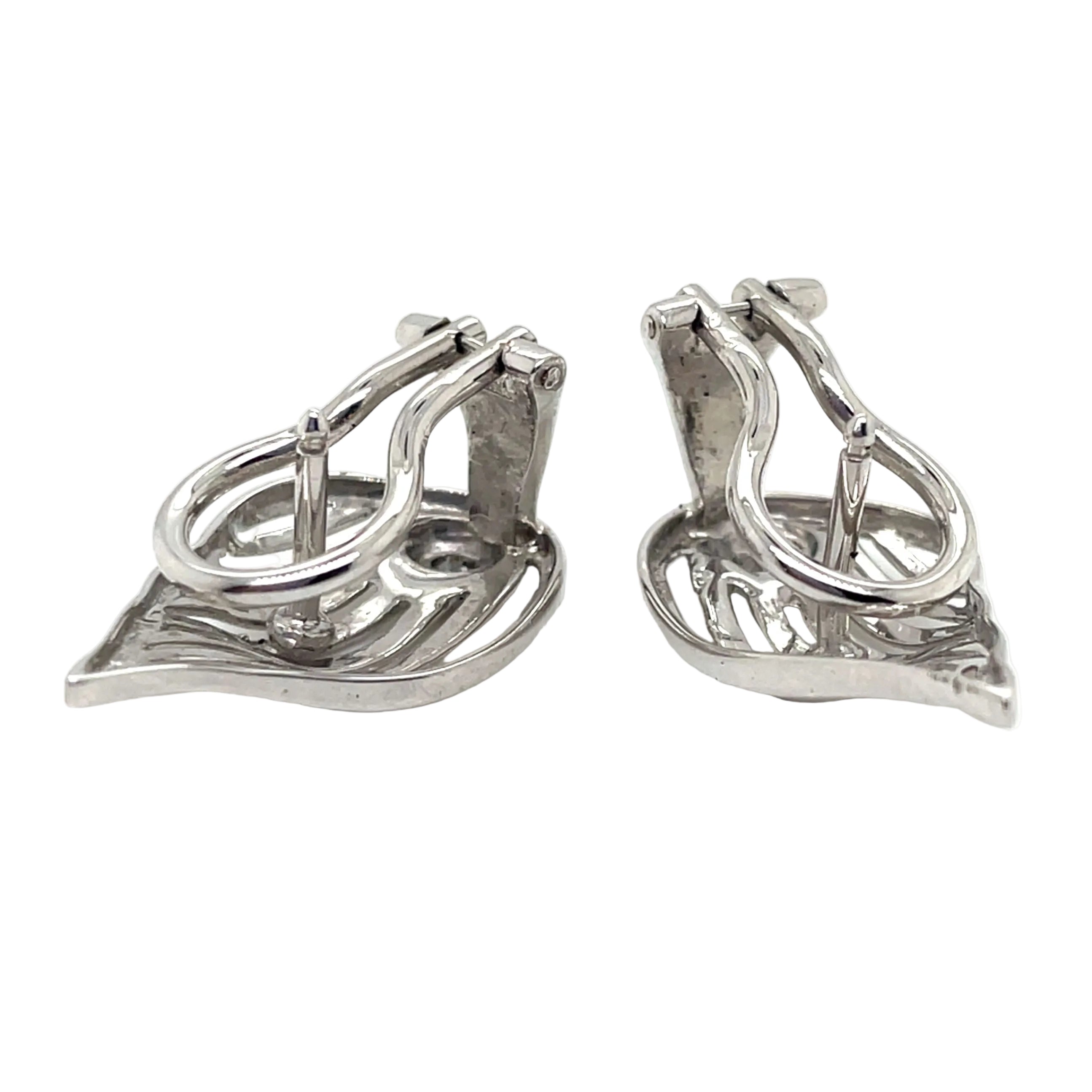 Boucles d Oreille Vintage Diamants Or Blanc Motif Feuille