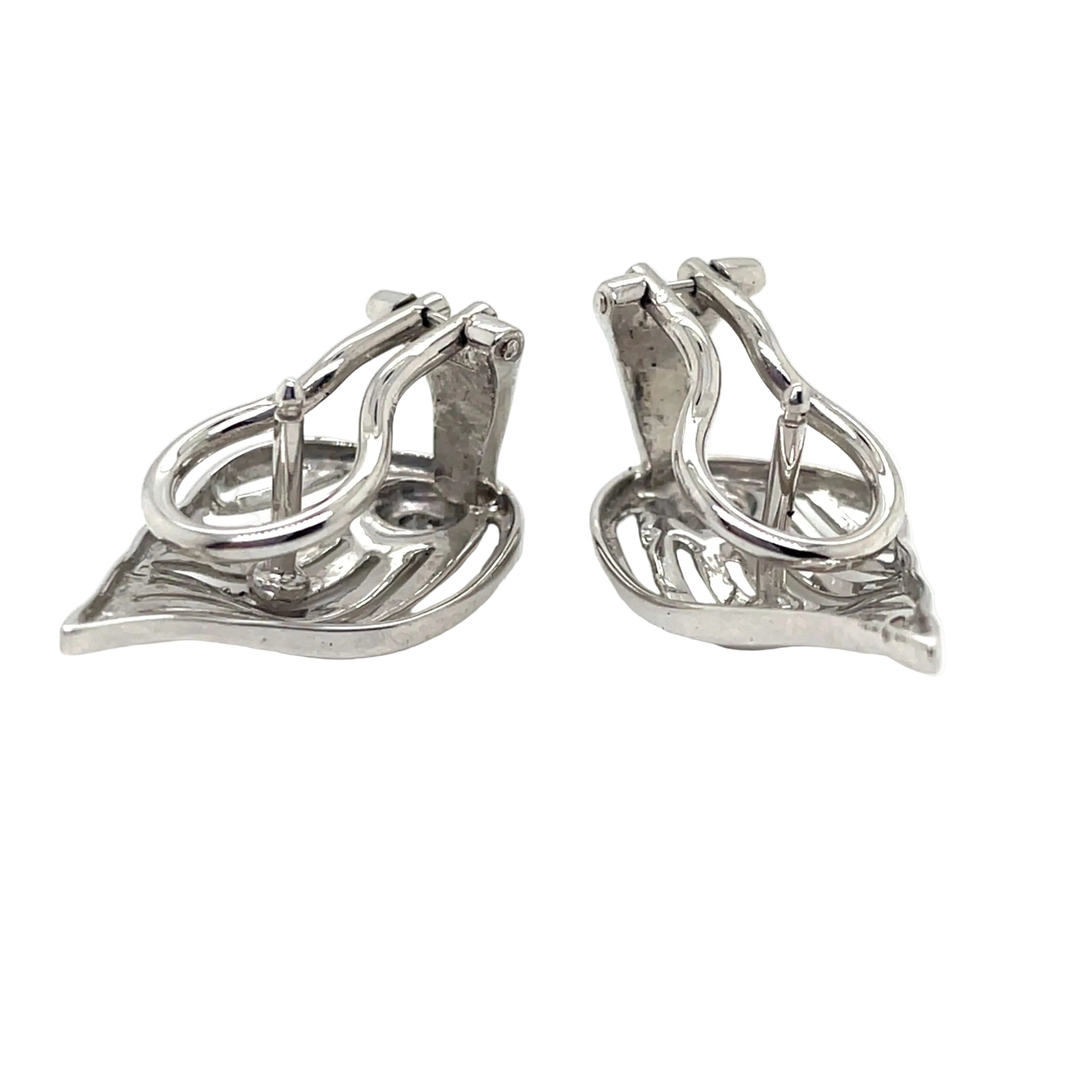 Boucles d Oreille Vintage Diamants Or Blanc Motif Feuille