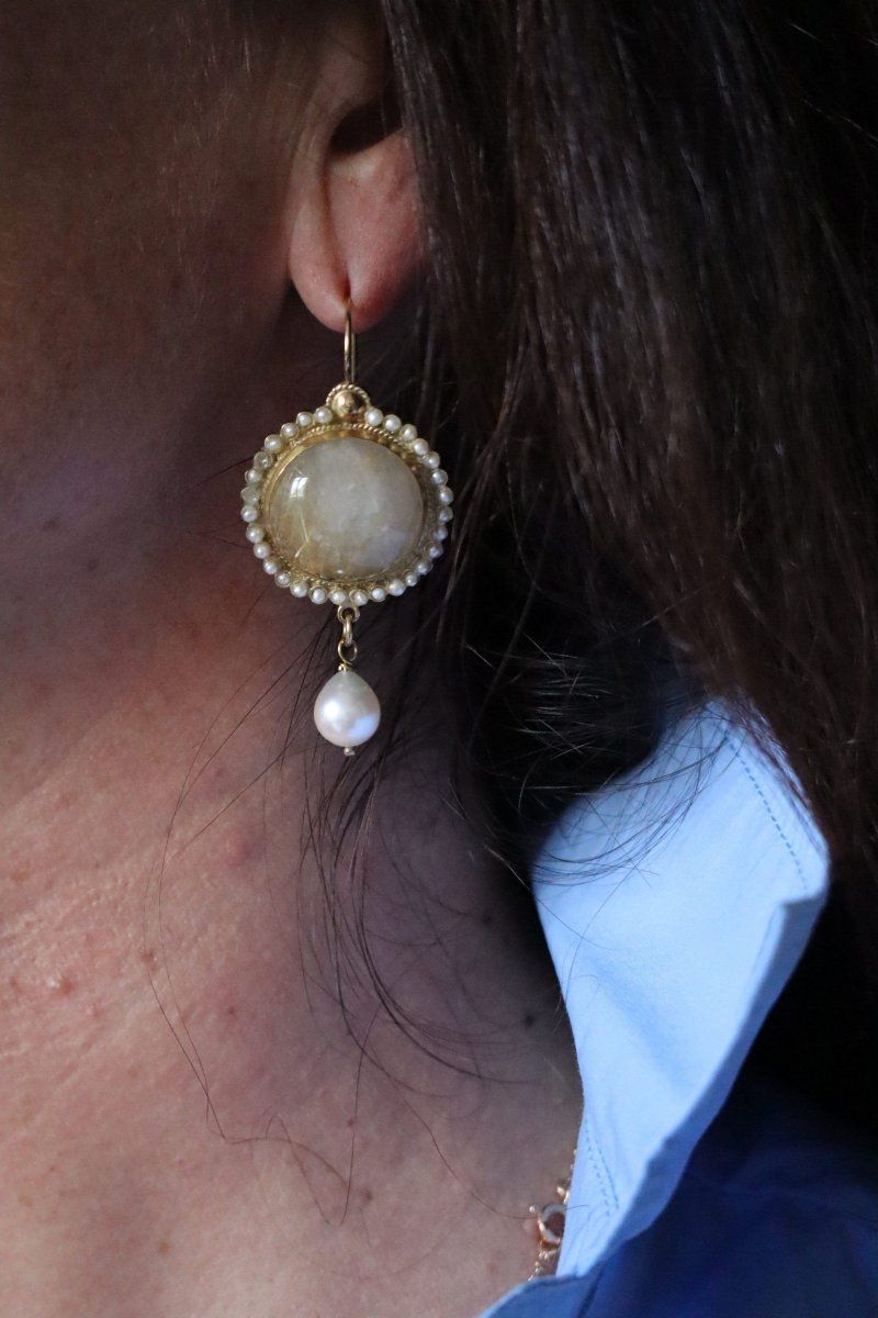 Boucles d'oreilles Pendantes en or jaune, quartz et perles