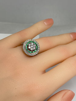 Round 18k gold emerald and diamond ART DECO style ring