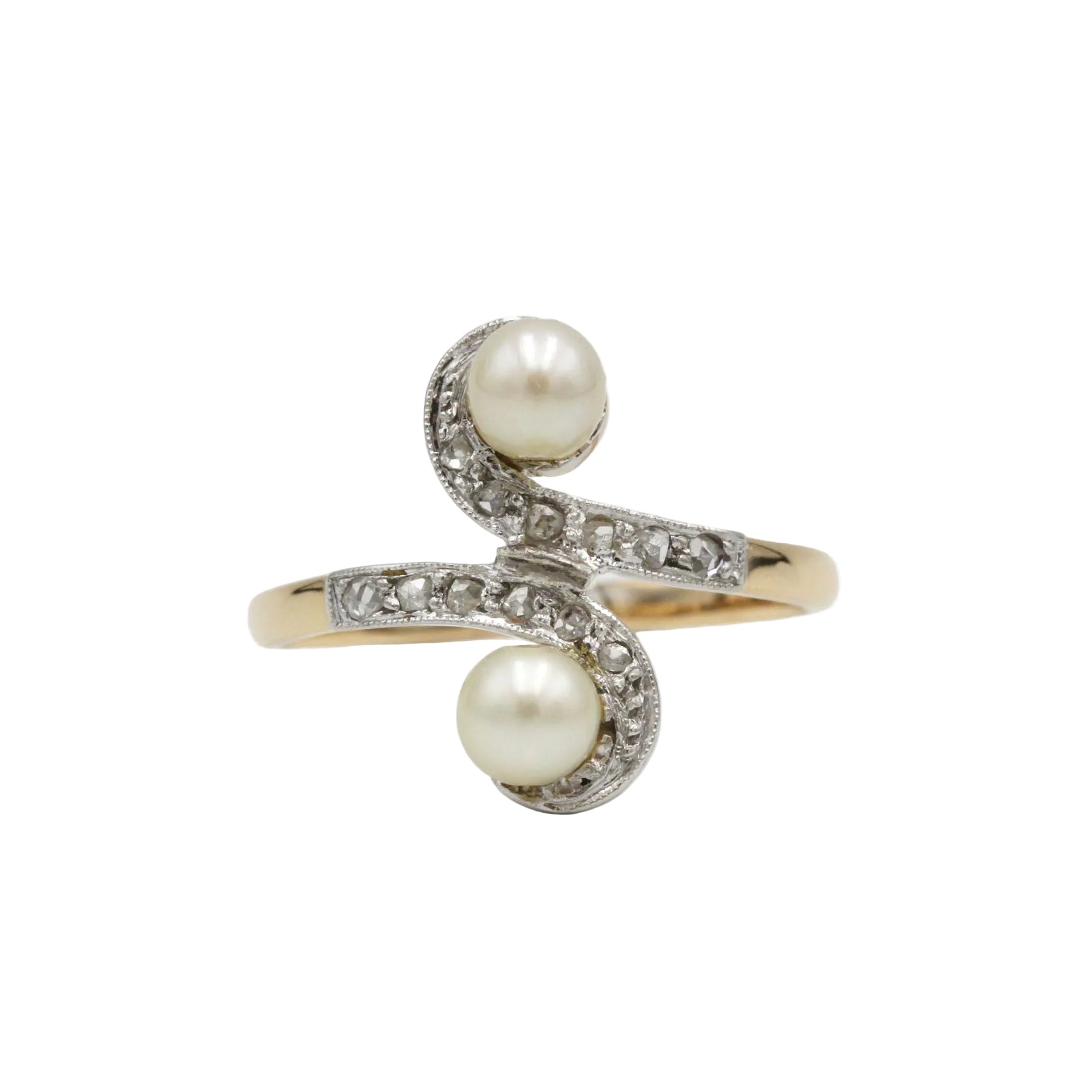 Bague Art nouveau toi et moi en or jaune et platine avec perles et diamants