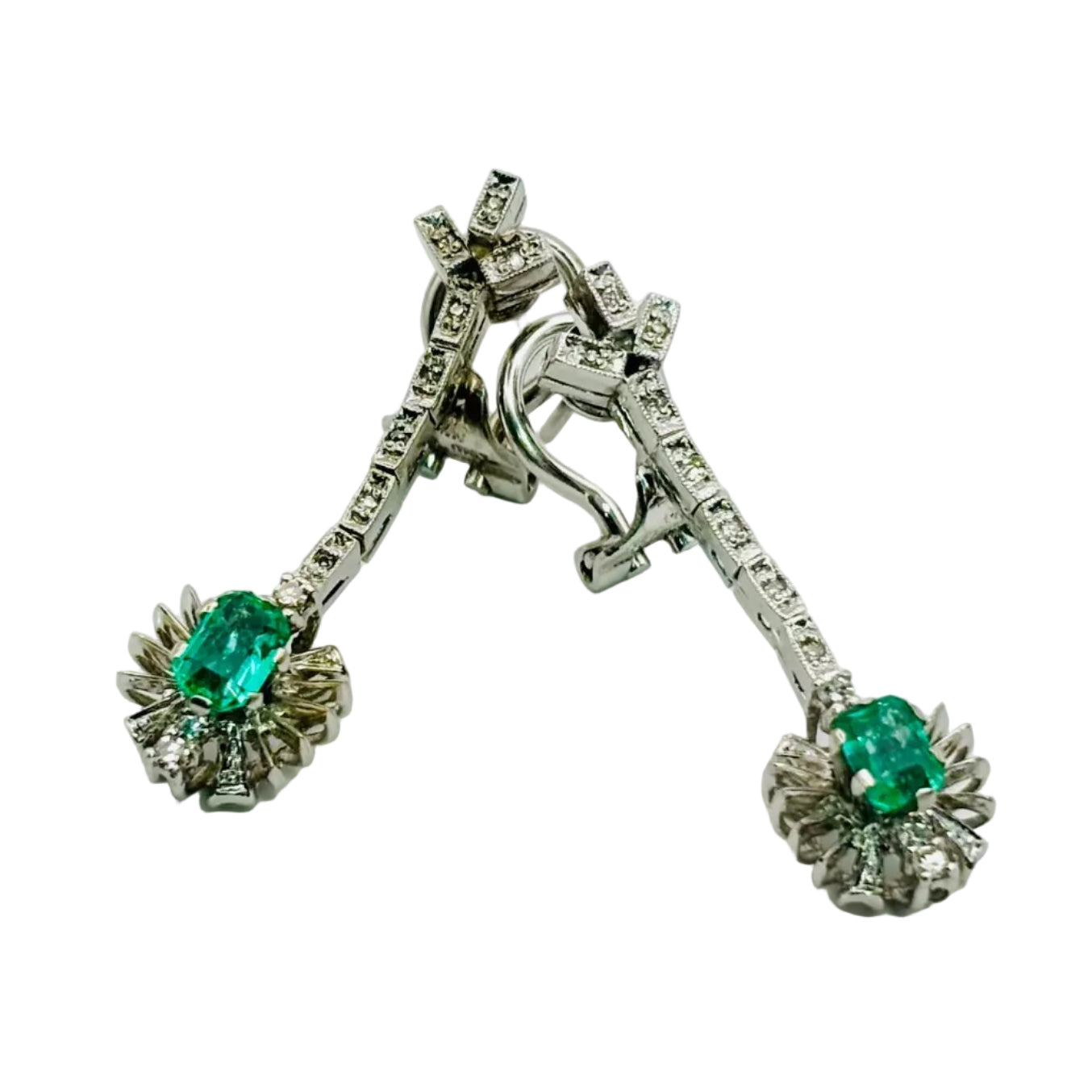 PENDIENTES LARGOS DE ORO CON ESMERALDAS Y DIAMANTES