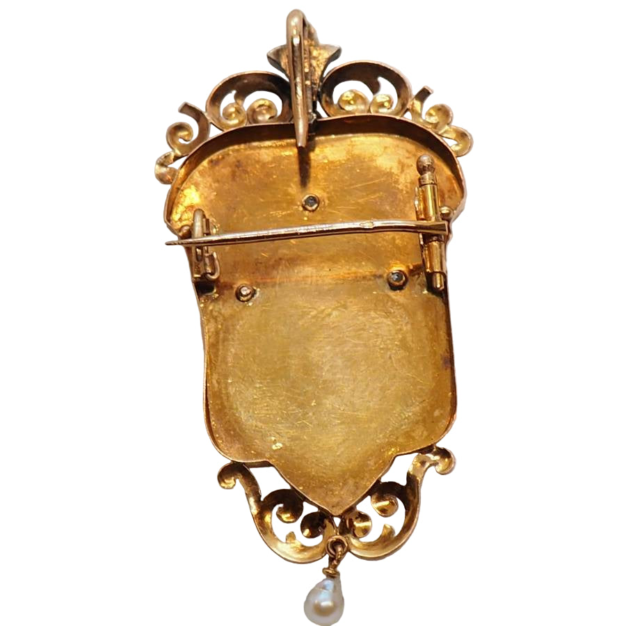 Broche pendentif Napoléon III en or rose, ornée de perles