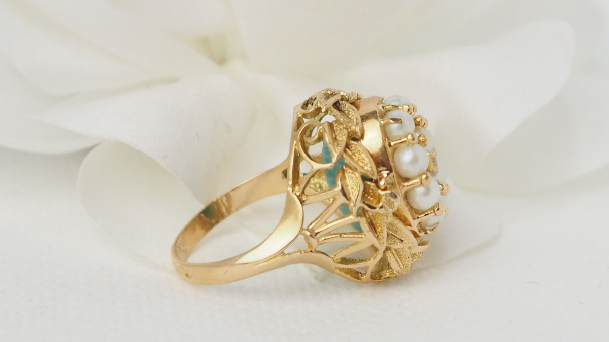 Bague Basculante En Or Jaune, Perles Et Amazonite