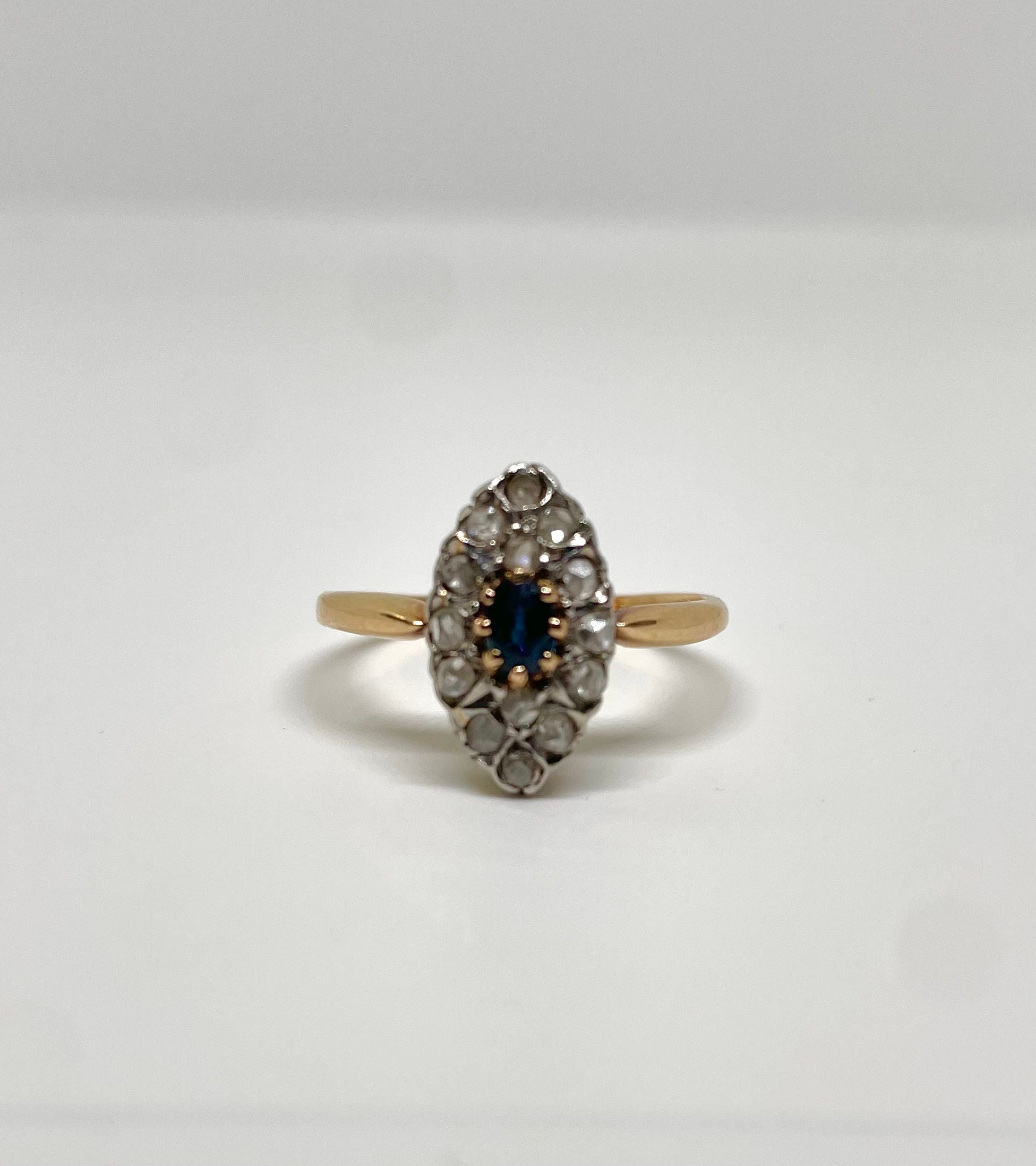 Bague marquise vintage saphir et diamants taille rose