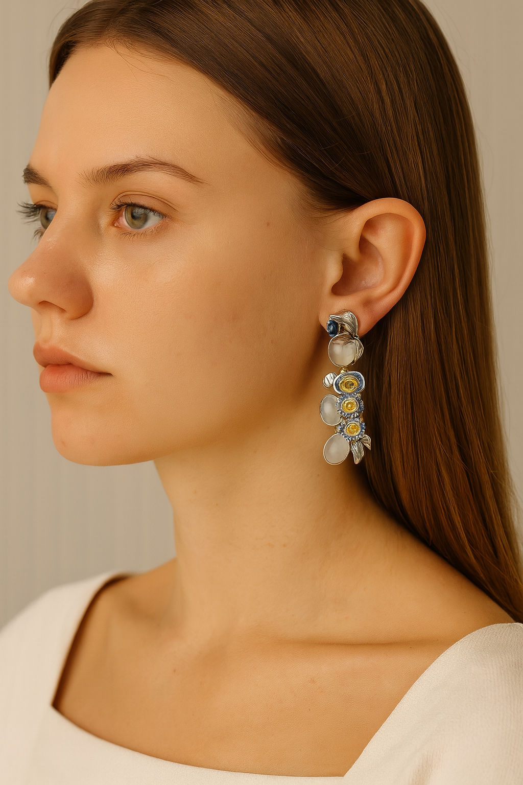 Clip earrings in white gold, yellow gold and sapphire