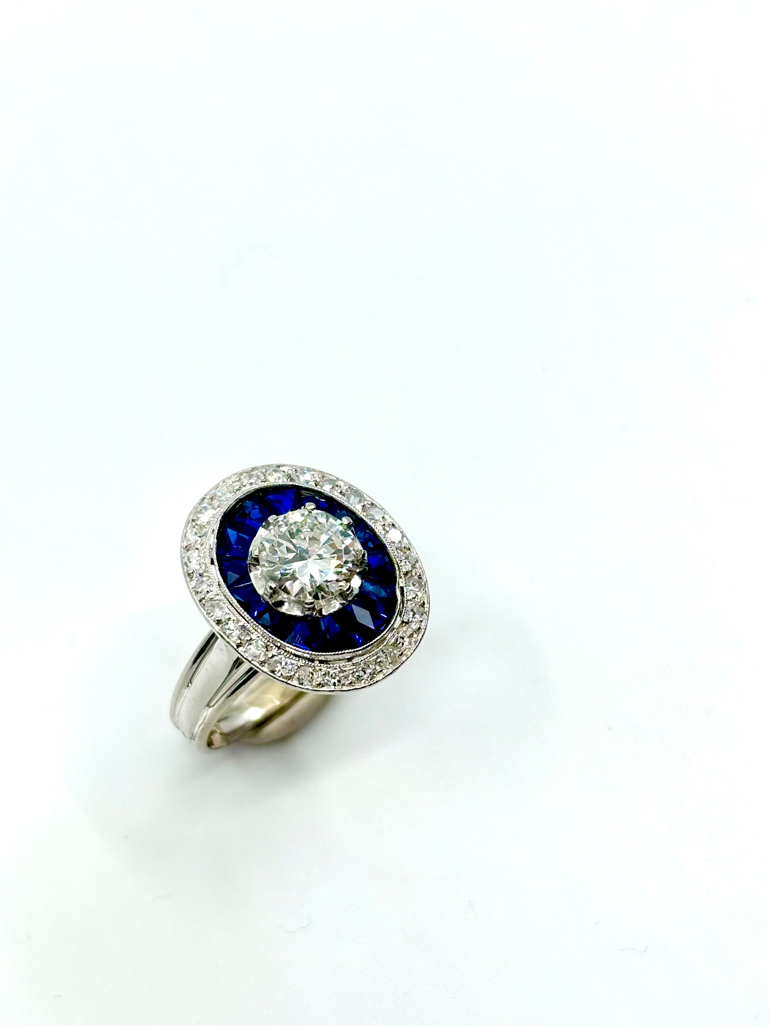 Bague Art Déco diamants et pierres bleues