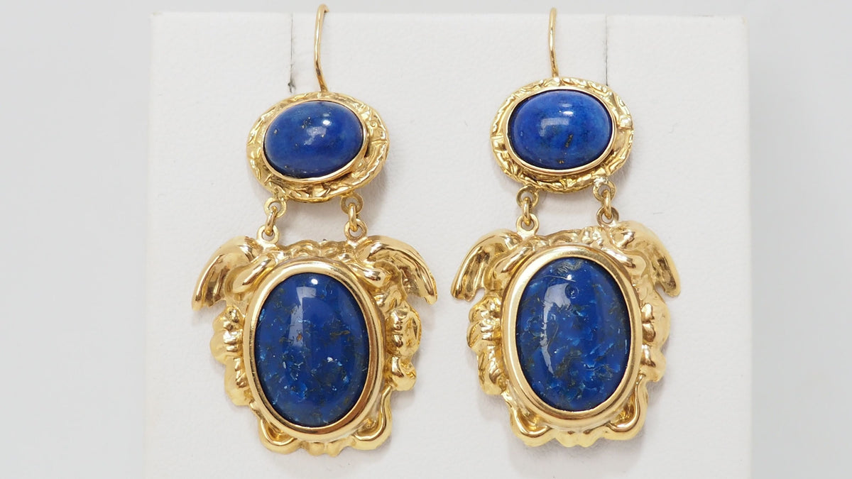 Boucles d'Oreilles Cabochon Lapis Lazuli Et Or Jaune