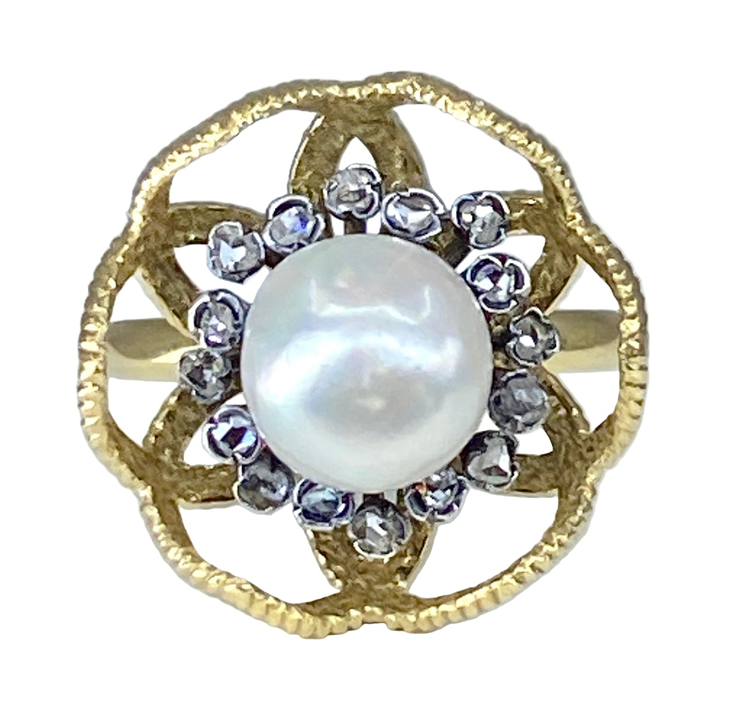Bague en or jaune 18 carats et argent,perle fine et diamants