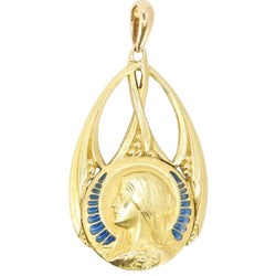 Médaille Art Nouveau Vierge de profil or jaune émail plique - à - jour bleu - Castafiore