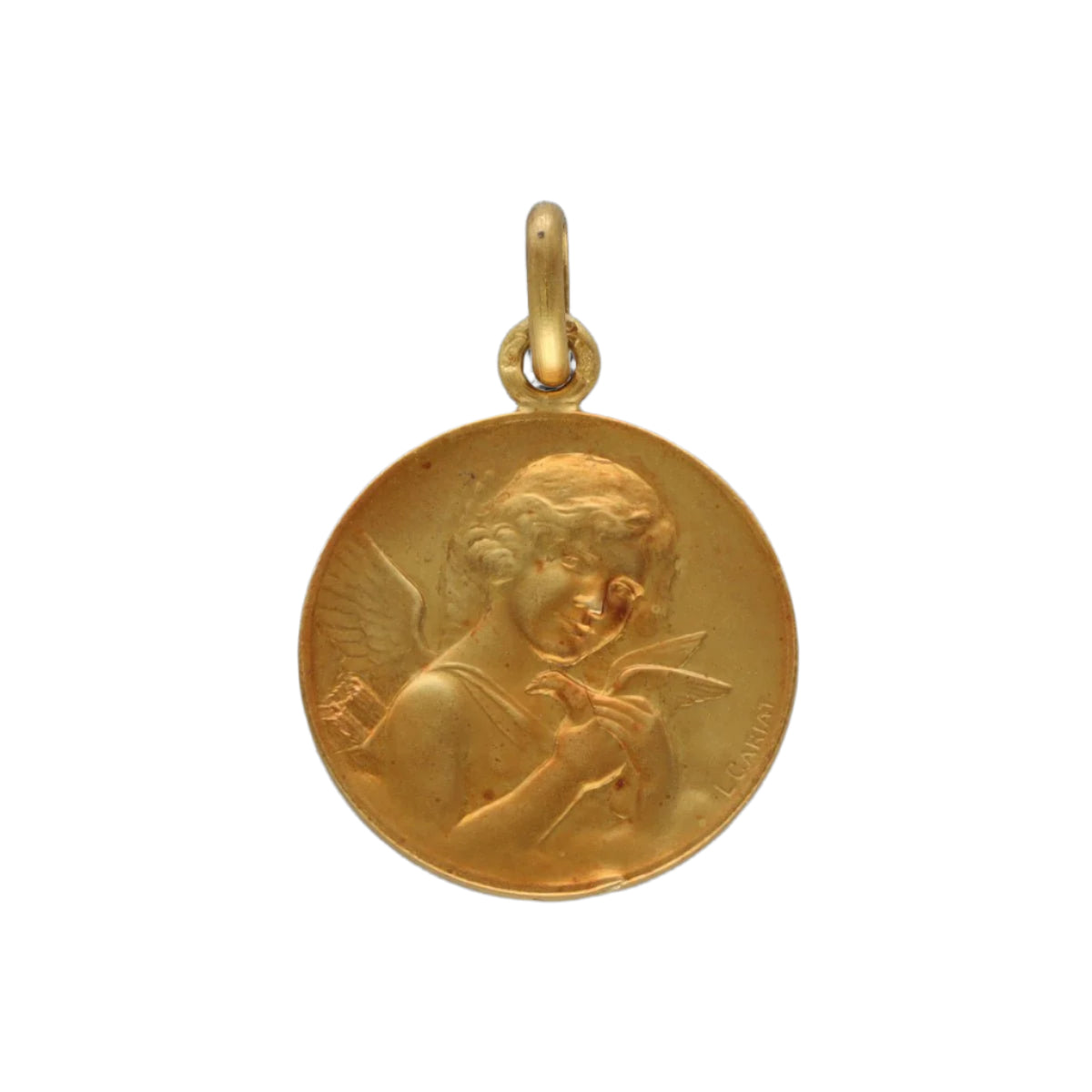 Médaille Boucheron "Ange amour à la Colombe" en Or jaune 18k massif vers 1970. Boite d'origine. - Castafiore