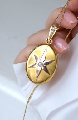 Médaillon Ancien Etoile Perles Fines sur Or Rose et Jaune - Castafiore