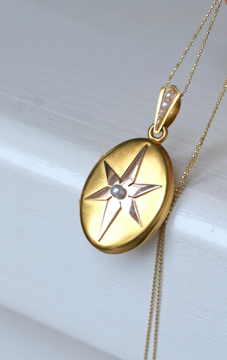 Médaillon Ancien Etoile Perles Fines sur Or Rose et Jaune - Castafiore