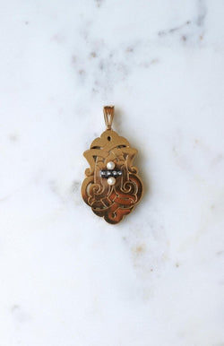 Médaillon Broche Arabesques Ancien Perles Fines et Diamants Or Rose - Castafiore