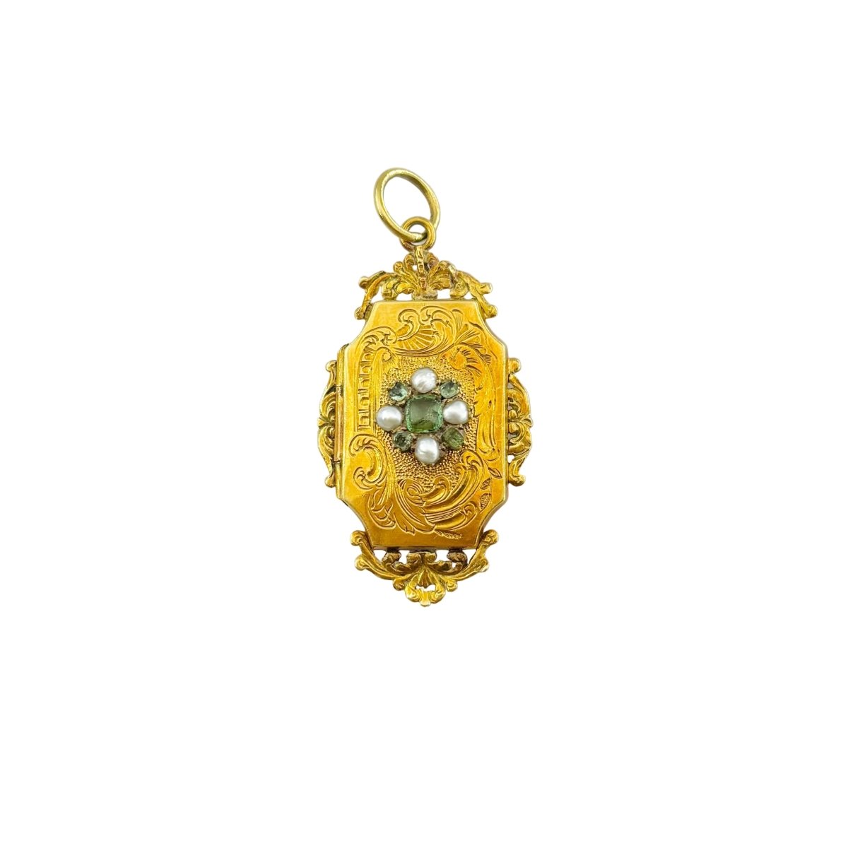 Médaillon en or jaune, perles et émeraudes - Castafiore