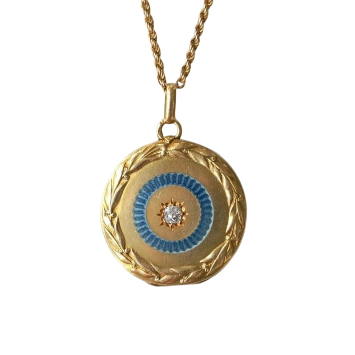 Médaillon Or Jaune Diamant Email et Chaine Or et perles - Castafiore