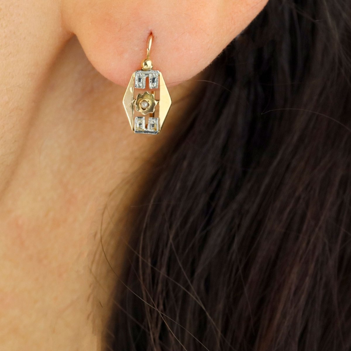Mono boucle d'oreille Dormeuse en or blanc, or jaune et perle - Castafiore