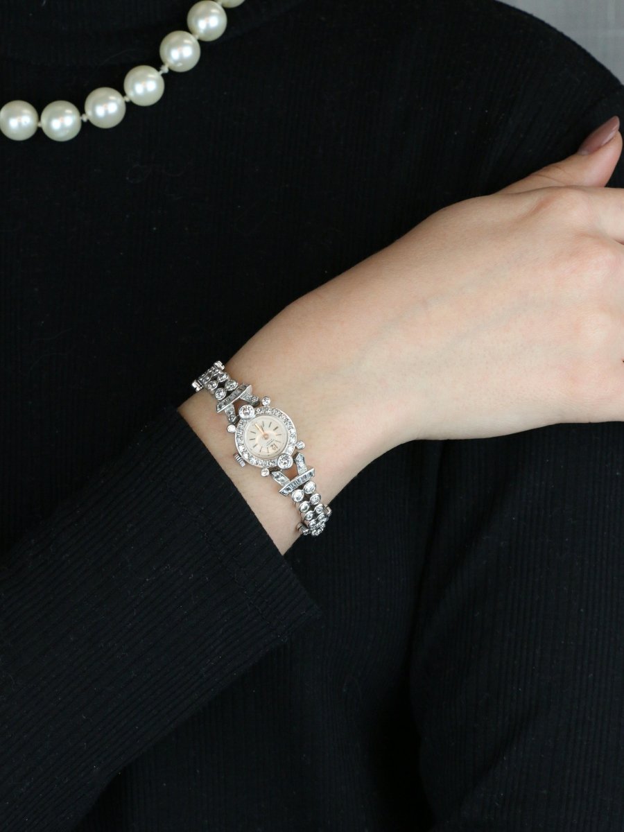 Montre Art Deco or blanc platine diamants - Castafiore