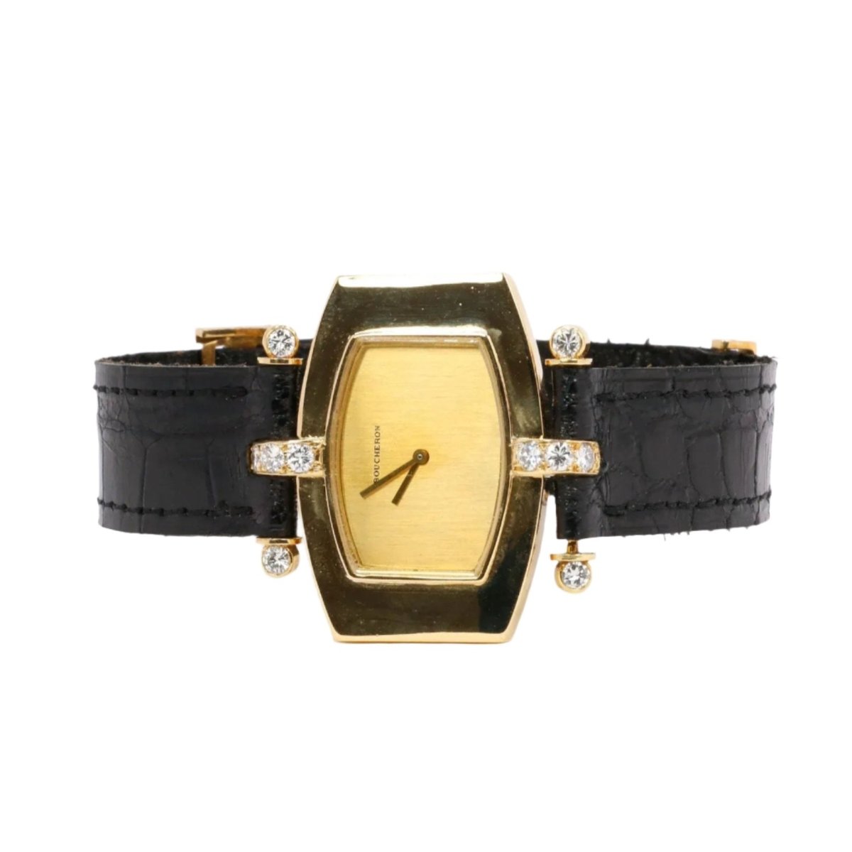 Montre BOUCHERON en or jaune, cuir noir et diamant - Castafiore