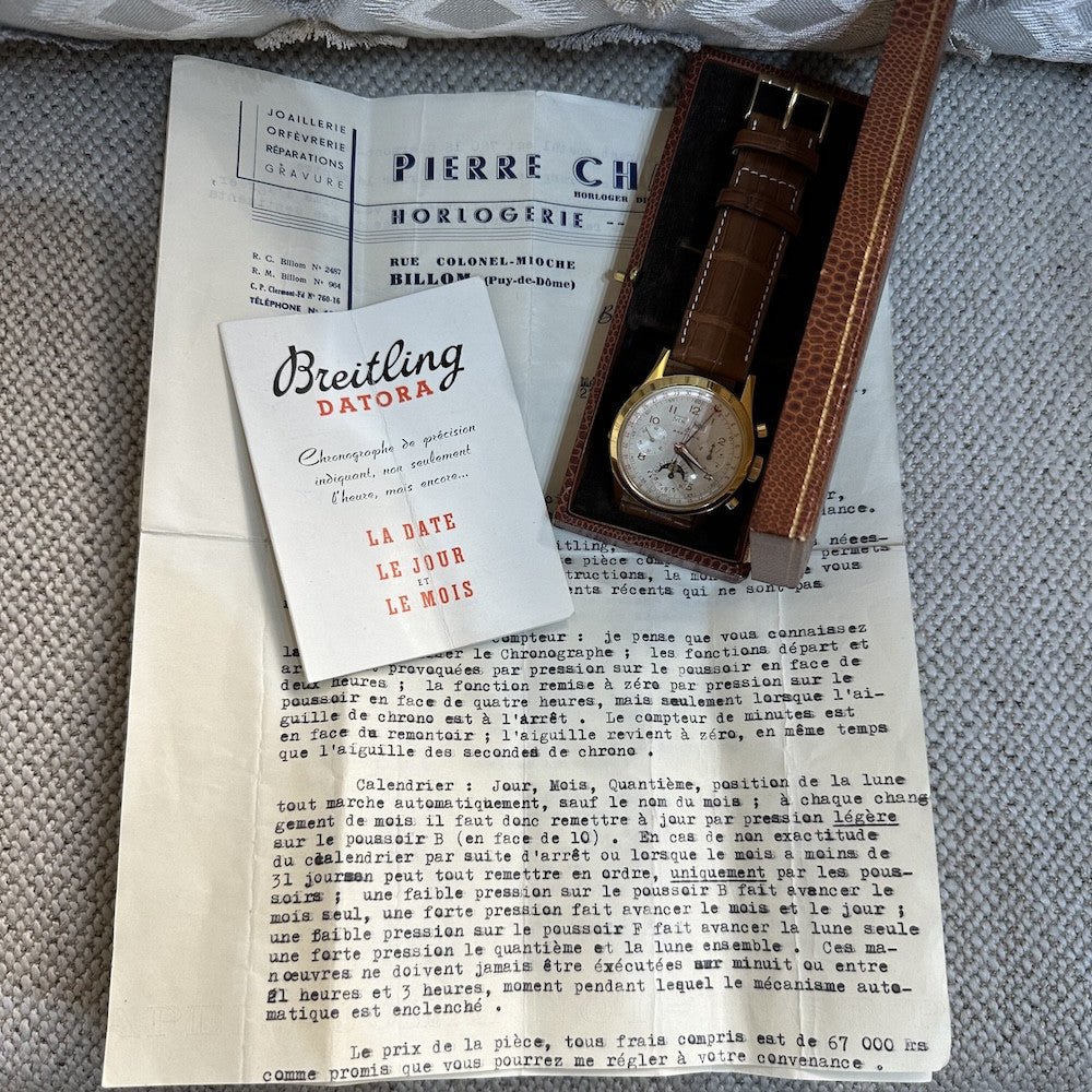 Montre Breitling Datora mécanique de 1958 en laminé. 38 mm. ref : 804. Première main, boite, papiers et facture d'origine. - Castafiore