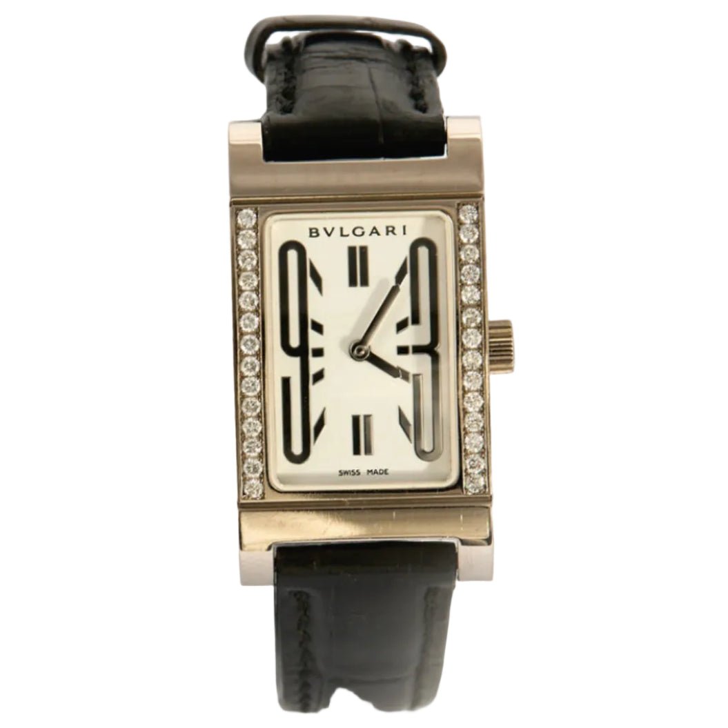 Montre BULGARI "Retrangolo" en or blanc, cuir, quartz et diamants - Castafiore