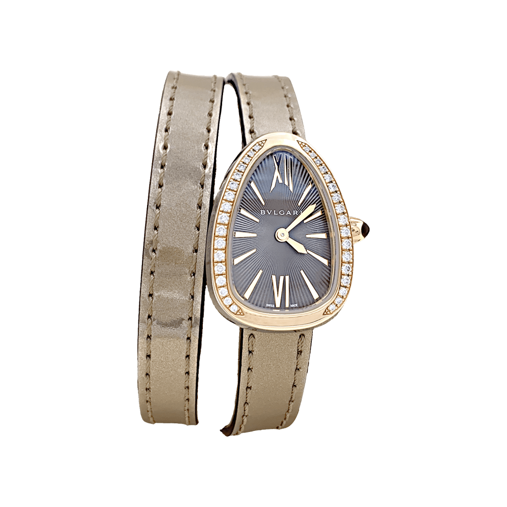 Montre BULGARI "Serpenti" en or rose, acier, cuir et diamants - Castafiore