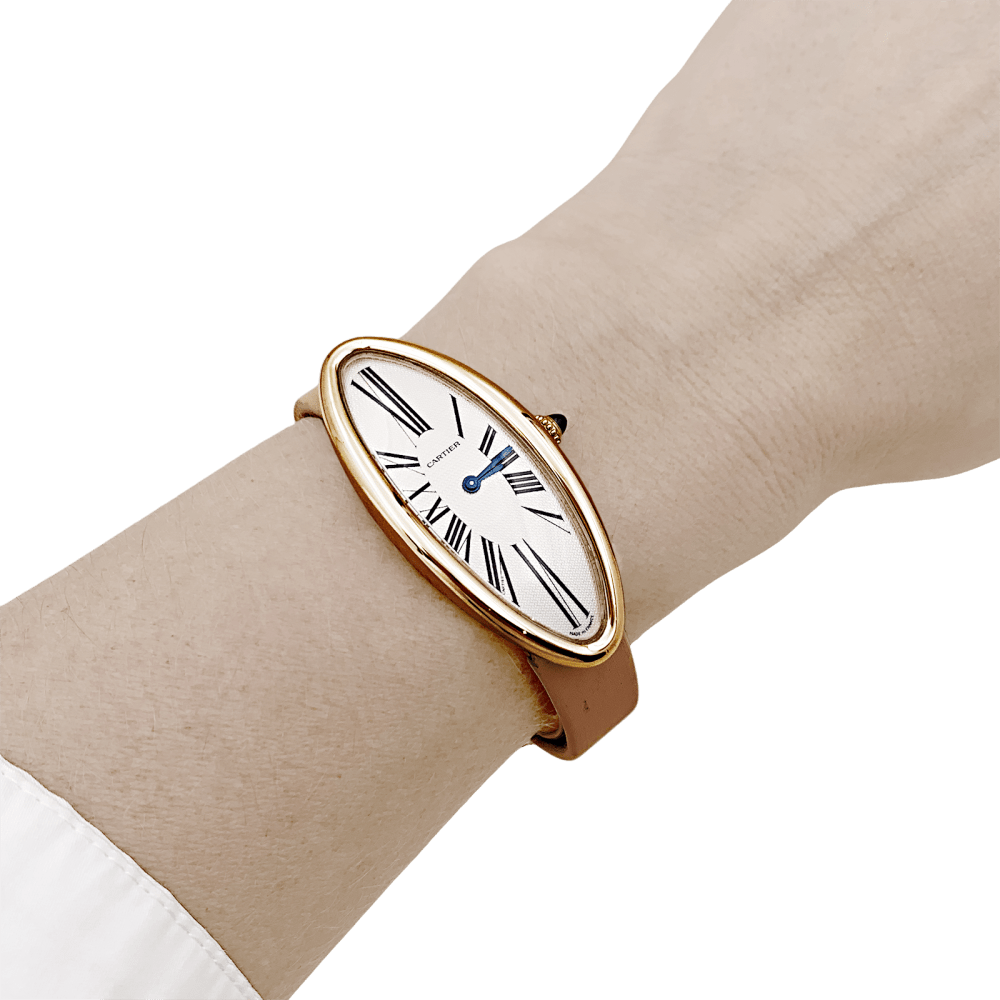 Montre CARTIER "Baignoire Allongée" en or rose, argent, acier et cuir - Castafiore