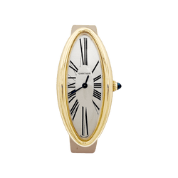 Montre CARTIER "Baignoire Allongée" en or rose, argent, acier et cuir - Castafiore