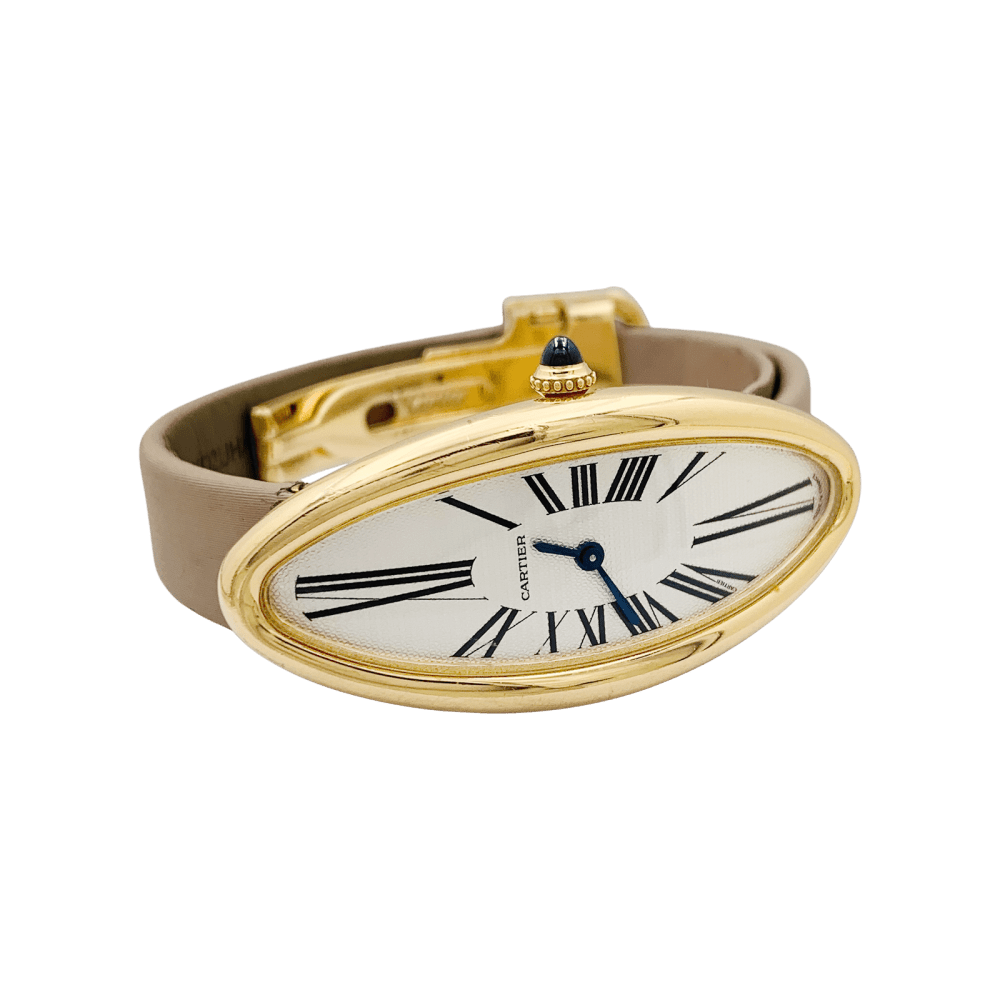 Montre CARTIER "Baignoire Allongée" en or rose, argent, acier et cuir - Castafiore