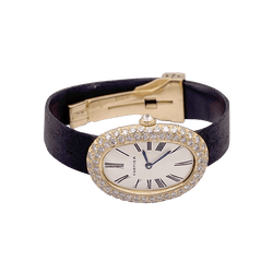 Montre CARTIER "Baignoire", or jaune, argent, cuir et diamants. - Castafiore