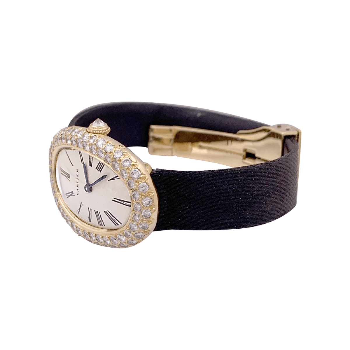Montre CARTIER "Baignoire", or jaune, argent, cuir et diamants. - Castafiore