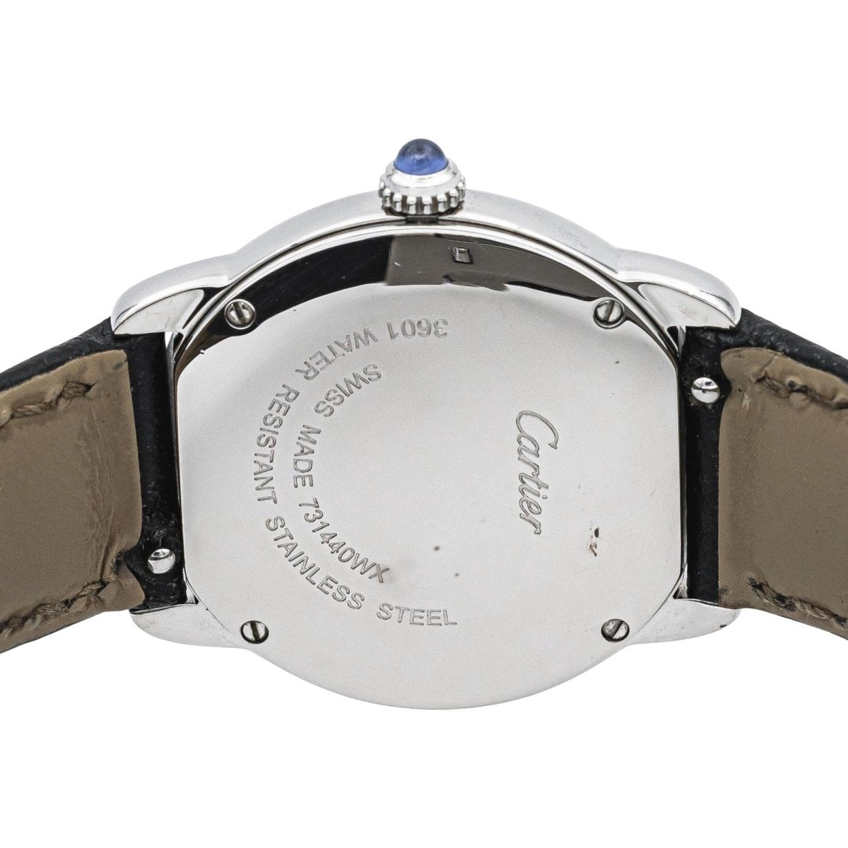 Montre CARTIER "Ronde Solo" en acier, argent, spinelle et cuir - Castafiore